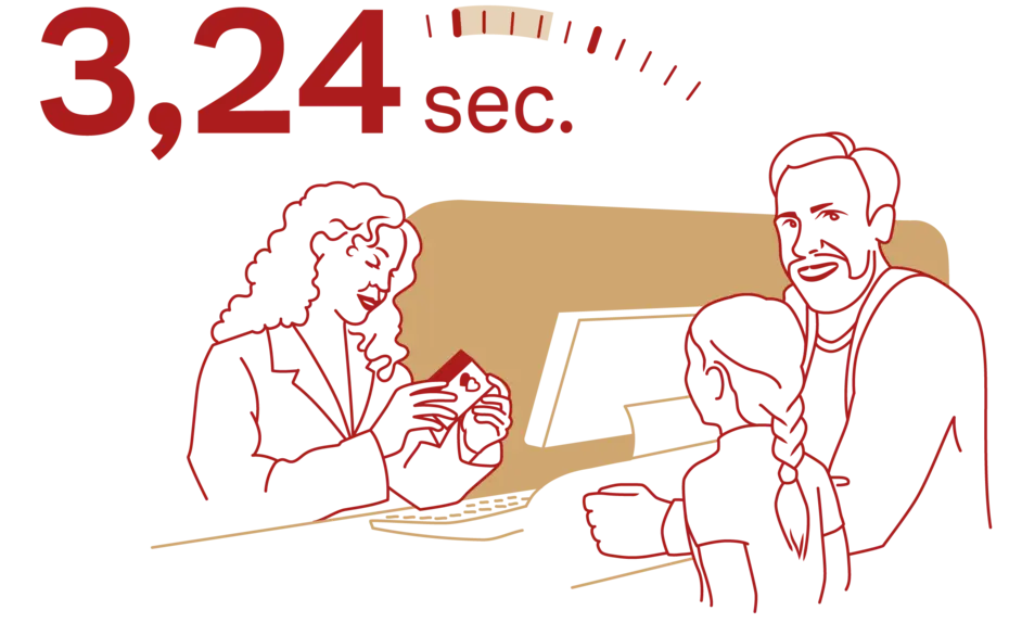 Eine stilisierte Illustration zeigt eine Person mit Locken, die an einem Schalter steht und mit einem Kunden spricht. Der Kunde, ein Mann, steht daneben, während ein Kind ihm zugewandt ist. Oberhalb steht die Zeitangabe „3,24 sec.“.