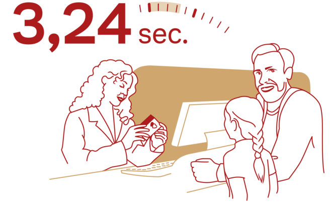 Eine stilisierte Illustration zeigt eine Person mit Locken, die an einem Schalter steht und mit einem Kunden spricht. Der Kunde, ein Mann, steht daneben, während ein Kind ihm zugewandt ist. Oberhalb steht die Zeitangabe „3,24 sec.“.