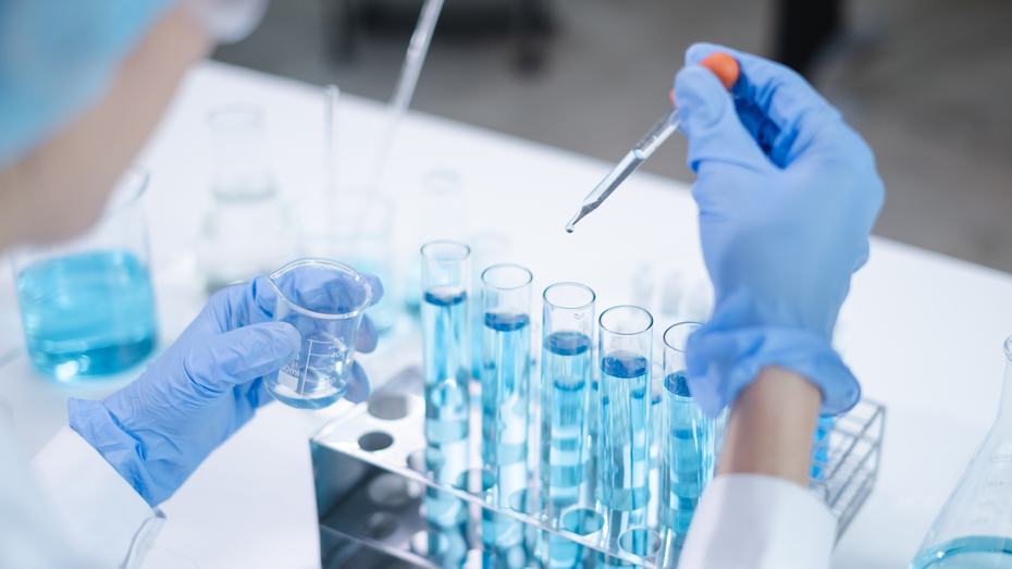 Eine Person in Handschuhen hält eine Pipette über einen Reagenzglas-Ständer mit mehreren Reagenzgläsern, die mit blauer Flüssigkeit gefüllt sind. In der anderen Hand hält sie ein Messzylinder mit einer transparenten Flüssigkeit. Die Szenerie spricht für labortechnische Arbeiten.