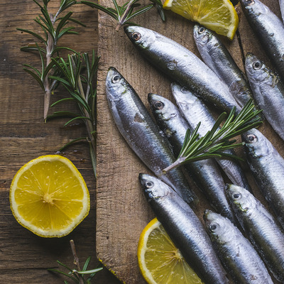 Eine Holzplatte mit frischen, silbernen Fischen und Zitronenscheiben. Neben den Fischen sind einige Zweige Rosmarin platziert. Die Anordnung wirkt appetitlich und frisch.